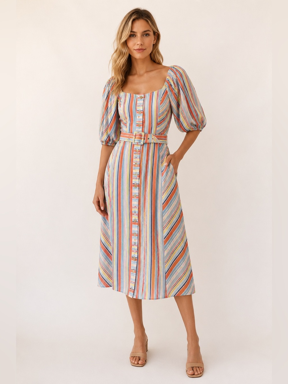 Tanya Taylor Line Multi Colored Stripe Dress In Midi